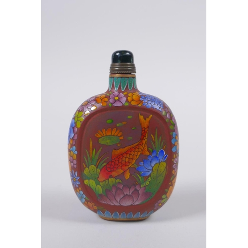 35 - A Chinese YiXing redware snuff bottle with polychrome enamel carp decoration, gilt 4 character mark ... 