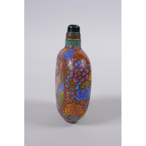 35 - A Chinese YiXing redware snuff bottle with polychrome enamel carp decoration, gilt 4 character mark ... 