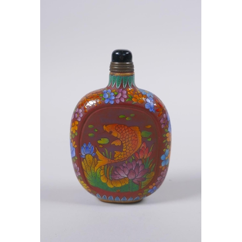 35 - A Chinese YiXing redware snuff bottle with polychrome enamel carp decoration, gilt 4 character mark ... 