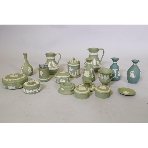 4 - A collection of Wedgwood green Jasperware, largest jug 15cm high