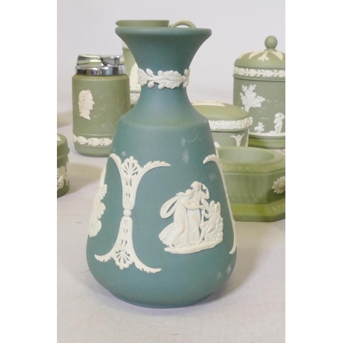 4 - A collection of Wedgwood green Jasperware, largest jug 15cm high