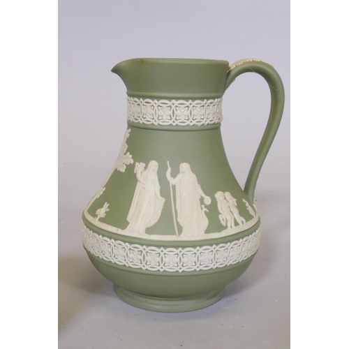 4 - A collection of Wedgwood green Jasperware, largest jug 15cm high