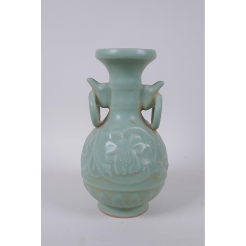 85 - A Chinese Ru-ware style porcelain two handled vase, with raised underglaze lotus flower decoration, ... 