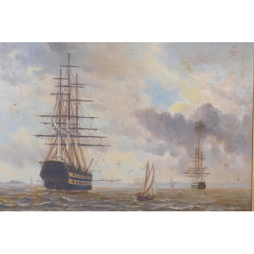 892 - D. Olson, Royal Naval battleships at anchor, signed, mid C20th, oil on canvas, 76 x 50cm