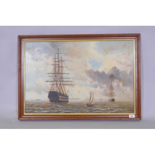 892 - D. Olson, Royal Naval battleships at anchor, signed, mid C20th, oil on canvas, 76 x 50cm