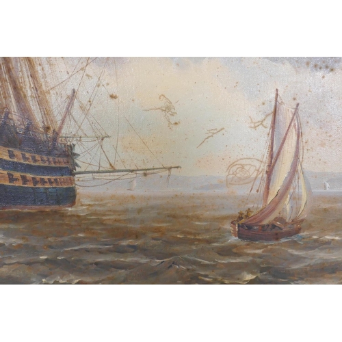 892 - D. Olson, Royal Naval battleships at anchor, signed, mid C20th, oil on canvas, 76 x 50cm