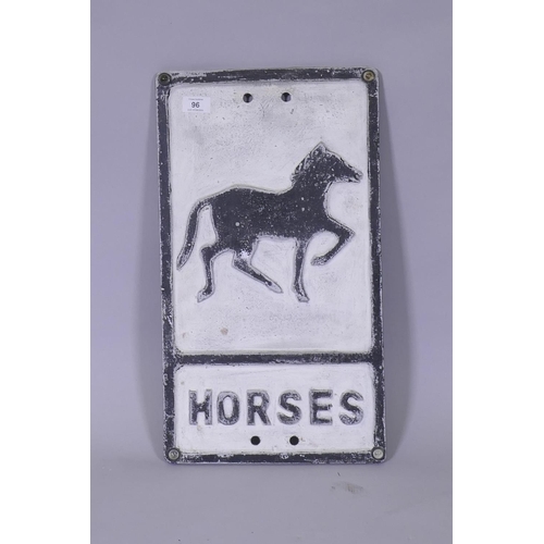 96 - A vintage cast aluminium Horses warning sign, with glass reflectors, 53 x 30cm