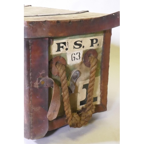 1013 - A WWI RAMC Field Surgical pannier, canvassed basket with leather and metal strapwork, 36 x 36 x 75cm