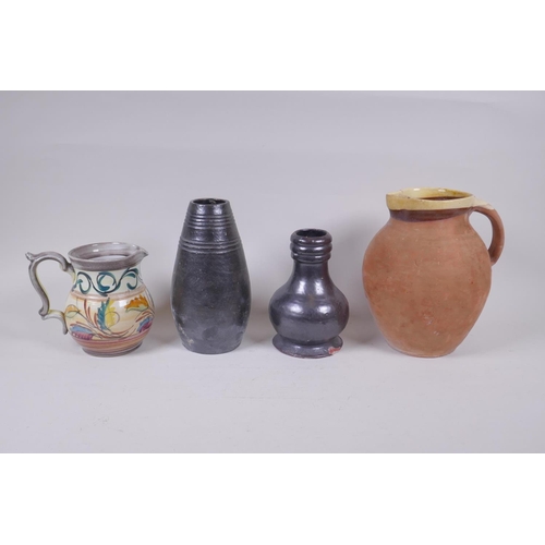 102 - A mid century Denby Glyn College earthenware jug, two Silchester treacle glazed terracotta vases, an... 