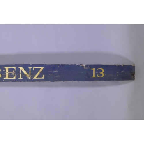 1023 - A vintage painted and gold leafed pine Mercedes Benz sign, 200 x 12cm