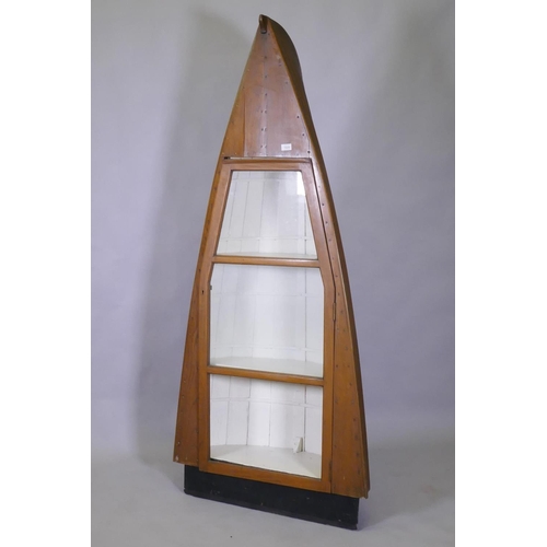 1025 - A larch and elm half boat display cabinet, with single glazed door and clinker planked sides, 84 x 3... 