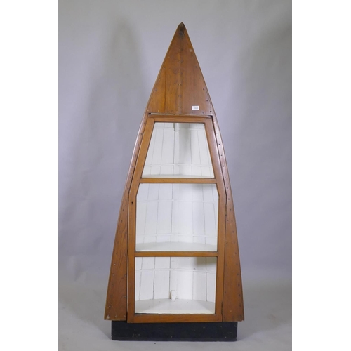 1025 - A larch and elm half boat display cabinet, with single glazed door and clinker planked sides, 84 x 3... 