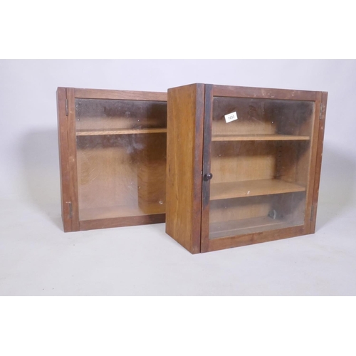 1033 - A pair of oak hanging cabinets with glazed doors and adjustable shelves, 49 x 49 x 20cm