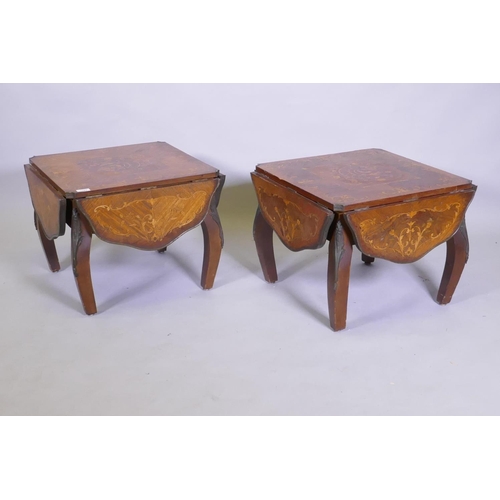 1044 - A pair of antique marquetry inlaid kingwood tables with a shaped top and ormolu mounts, reduced, 89 ... 