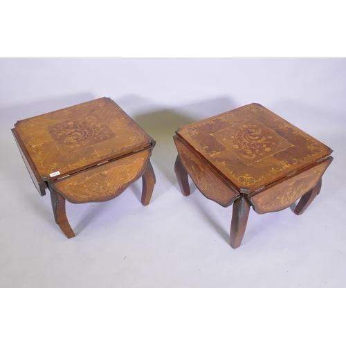 1044 - A pair of antique marquetry inlaid kingwood tables with a shaped top and ormolu mounts, reduced, 89 ... 