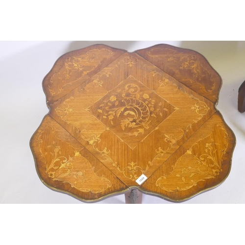 1044 - A pair of antique marquetry inlaid kingwood tables with a shaped top and ormolu mounts, reduced, 89 ... 