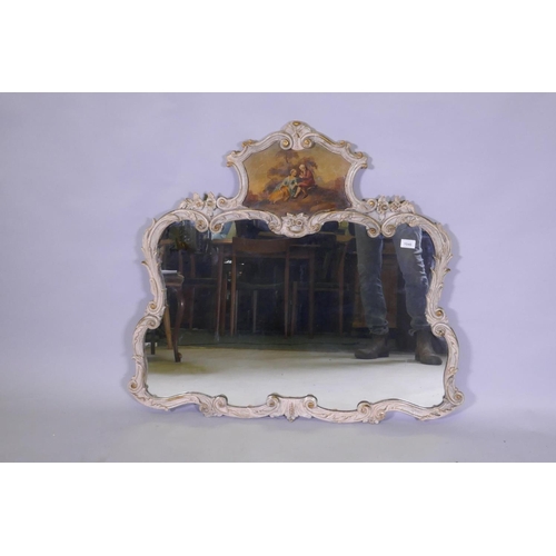 1046 - A rococo style trumeau wall mirror, with inset oil painting on canvas, mid C20th, 98 x 87cm high