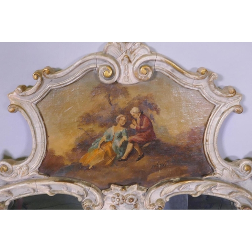 1046 - A rococo style trumeau wall mirror, with inset oil painting on canvas, mid C20th, 98 x 87cm high