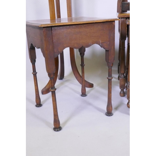 1053 - An Arts & Crafts oak dish top jardiniere stand (reduced), a joynt stool with elm top, nest of th... 