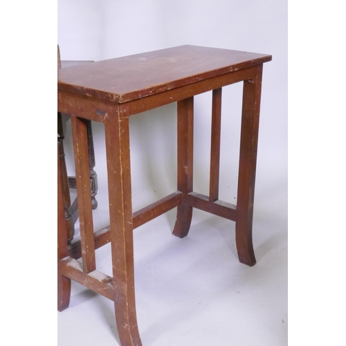 1053 - An Arts & Crafts oak dish top jardiniere stand (reduced), a joynt stool with elm top, nest of th... 