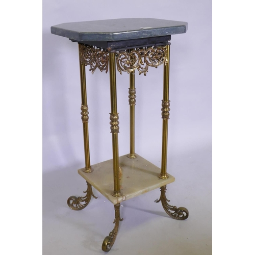 1069 - A brass two tier stand with pierced frieze alabaster lower tier and later marble top, raised on scro... 