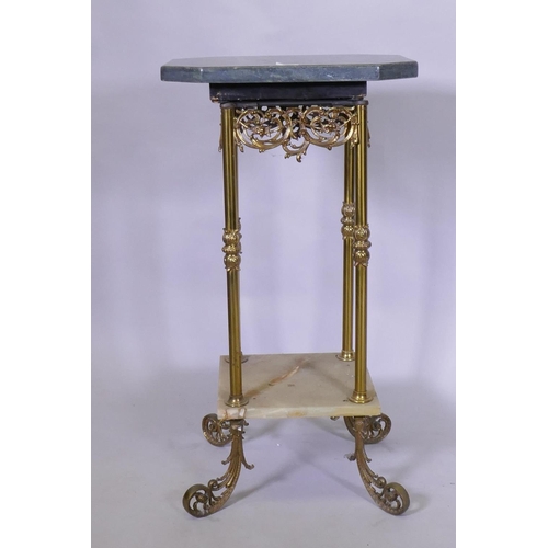 1069 - A brass two tier stand with pierced frieze alabaster lower tier and later marble top, raised on scro... 