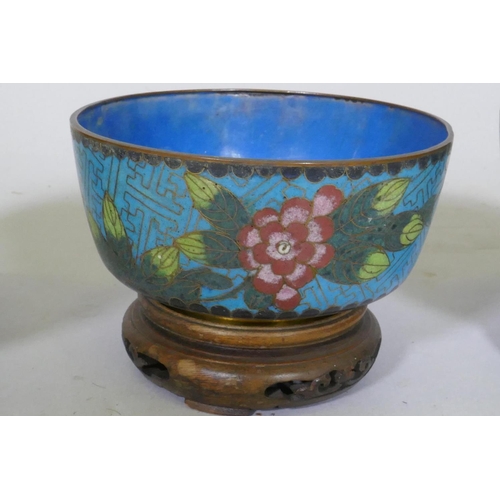 107 - Four Chinese cloisonne enamel bowls on wood stands, late C19th/early C20th