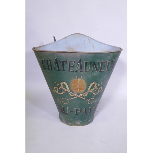 1072 - A French style green painted metal grape picker's hopper, decorated with a Chateau Neuf du Pape desi... 