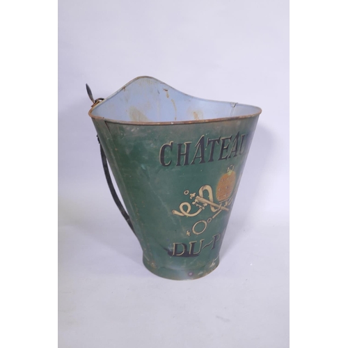 1072 - A French style green painted metal grape picker's hopper, decorated with a Chateau Neuf du Pape desi... 