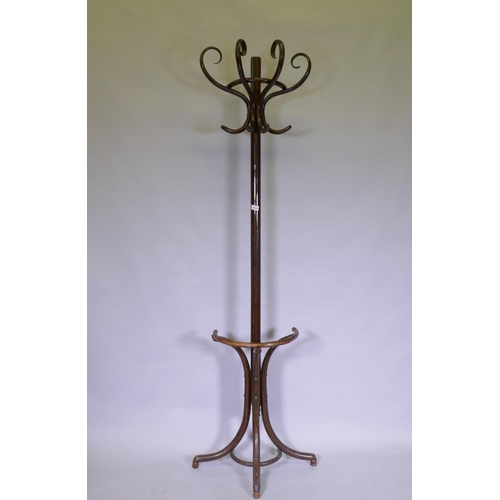 1074 - A vintage bentwood hall stand, 196cm