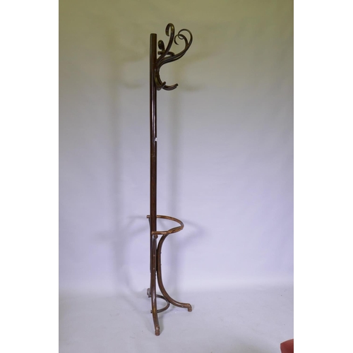 1074 - A vintage bentwood hall stand, 196cm