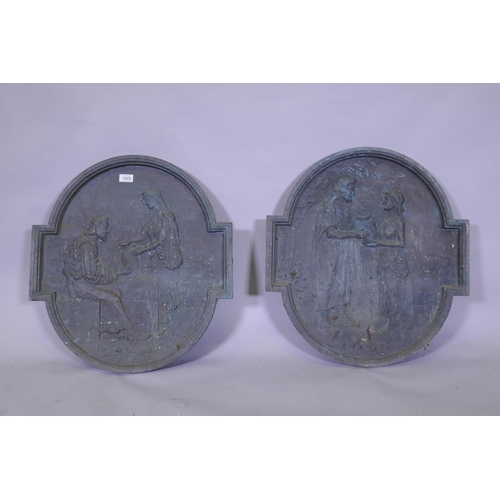 1075 - Architectural Salvage: a pair of antique bronze plaques with raised decoration of Christ at the well... 