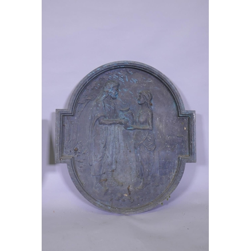 1075 - Architectural Salvage: a pair of antique bronze plaques with raised decoration of Christ at the well... 