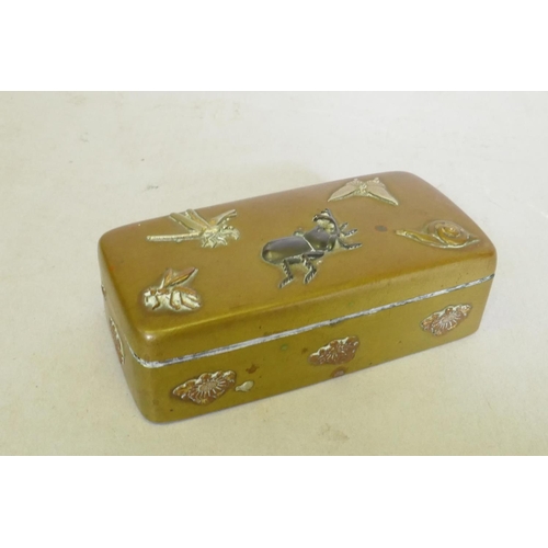 108 - A Japanese Meiji period brass stamp box with raised multi-metal decoration of beetles, dragonfly and... 