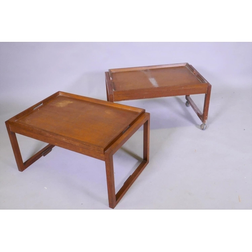 1087 - A mid century White & Newton teak two tier trolley in two sections with removable galleried tray... 