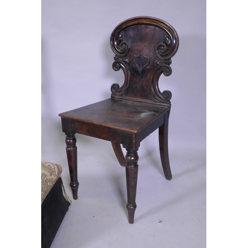 1099 - An early C19th mahogany hall chair, a Victorian ottoman style footstool with lift up top, an Edwardi... 