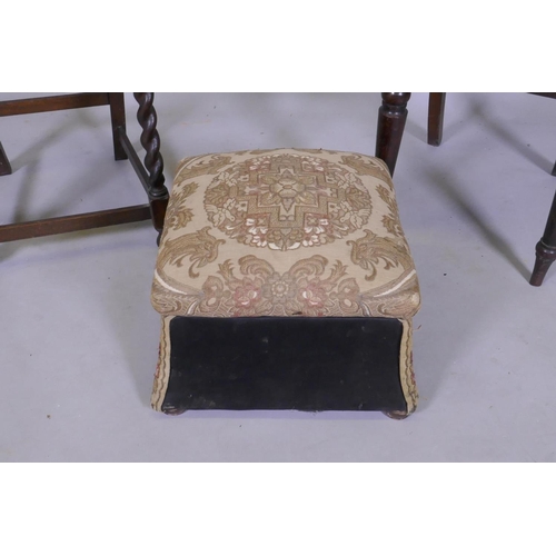 1099 - An early C19th mahogany hall chair, a Victorian ottoman style footstool with lift up top, an Edwardi... 