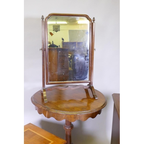 1108 - A small mahogany serpentine front chest of four drawers, a Victorian rosewood occasional table, toil... 