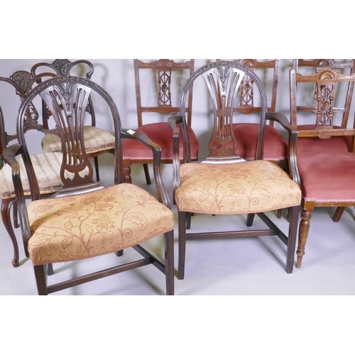 1109 - A pair of Hepplewhite style arm chairs, a pair of Victorian side-chairs, with carved and pierced bac... 