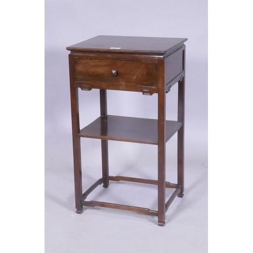 1112 - A Chinese hardwood lamp table with single drawer and undertier, 40 x 33 x 71cm