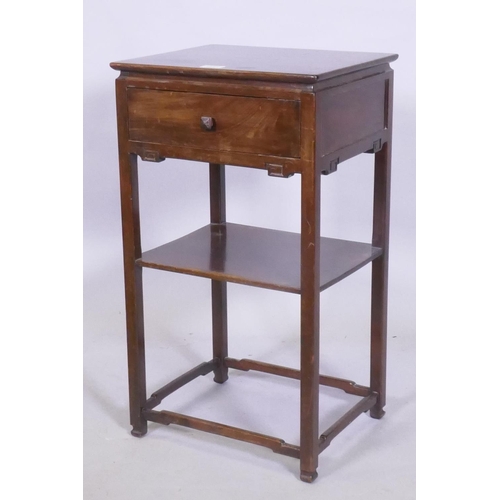 1112 - A Chinese hardwood lamp table with single drawer and undertier, 40 x 33 x 71cm