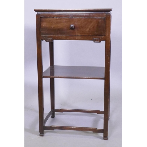 1112 - A Chinese hardwood lamp table with single drawer and undertier, 40 x 33 x 71cm