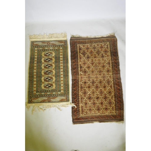 1121 - A gold ground Bokhara rug, and an Iranian rust and cream ground wool rug with an allover geometric d... 