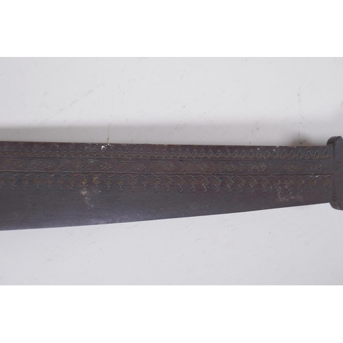 114 - An antique Burmese Billhook machete with chased decoration to blade and personalised dedication, 69c... 