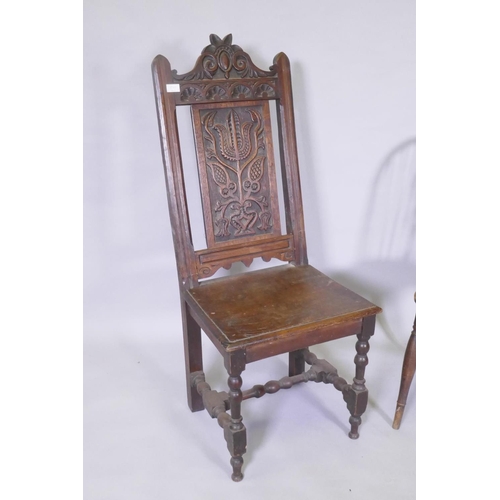 1163 - An early C19th elm wheel back dining chair with crinoline stretcher, AF, and an C18/C19th French oak... 