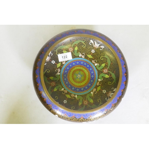 122 - A Chinese cloisonne famille noire enamel bowl, four character mark to base, early C20th, 26cm diamet... 