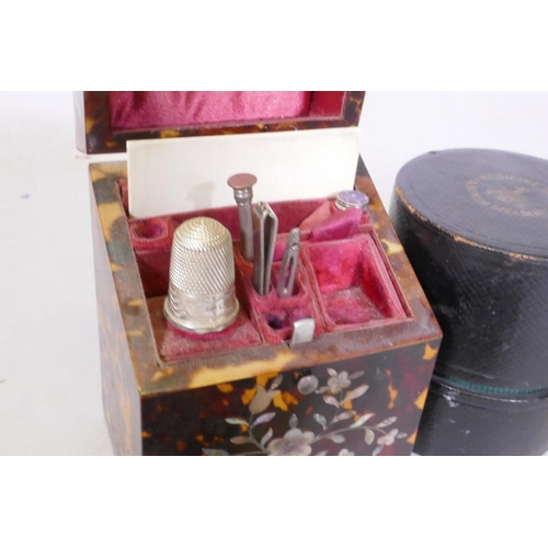 13 - A C19th tortoiseshell cased etui, inlaid with mother of pearl, contents incomplete but containing a ... 