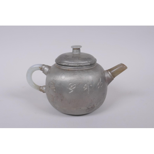 135 - A Chinese silver glazed YiXing teapot with stone handle, spout and knop, impressed mark to base, 10c... 