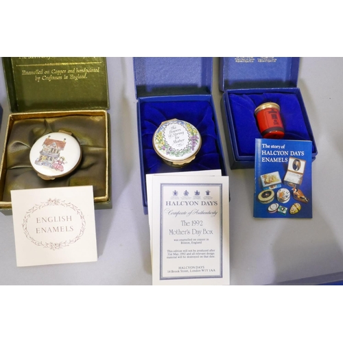 15 - A collection of Halcyon Days, Bilston and Chelsea enamel pill boxes and bonbonnieres, National Trust... 