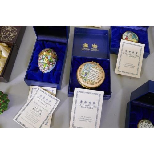 15 - A collection of Halcyon Days, Bilston and Chelsea enamel pill boxes and bonbonnieres, National Trust... 